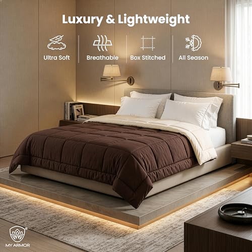 Image of MY ARMOR 220 GSM Reversible Comforter for Double Bed | Microfiber Quilt /Duvet /Blanket for AC & Winter | Soft, Lightweight & Breathable Comforter (90 x 100 Inch, Brown & Cream)