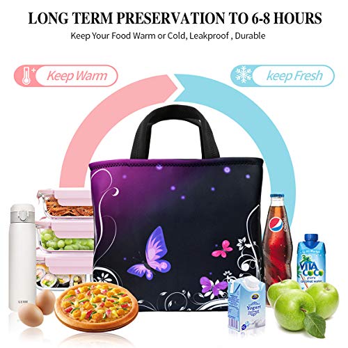 Iveze Lunch Bags For Women, Insulated Lunch Box, Neoprene Freezable Lunch Bag For Adult Large Cute Cooler Tote Reusable Lunch Pail Holder Leakproof With Zipper Office Picnic Outdoor ,Purple Butterfly #TOP1
