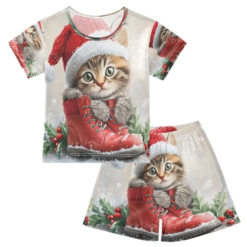 ALAZA Cat Christmas Hat Winter New Year Pajamas Set Short Sleeve Cotton Sleepwear Summer Pjs 2 Piece 5-14Y