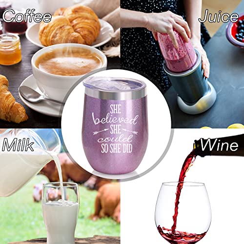 Corcup She Believed She Could So She Did, 12 Oz Stainless Steel Stemless Wine Tumbler With Keychain, Congratulations, 2022 Graduation, Promotion, Going Away (Glitter Purple) #TOP5