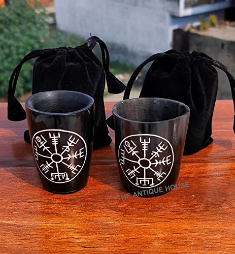 THE ANTIQUE HOUSE Viking Drinking Authentic Medieval Short Glass Horn Mug Whisky Vodka Handcrafted 3 Inch Cup with Black Velvet Bag Pack of 2 - Image 2