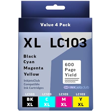 Amazon.com: Cartucho de tinta compatible Brother LC103 / 101 de alto  rendimiento, fabricado por InkjetsClub, paquete de 4 unidades. Incluye 1  cartucho de tinta negro, 1 cian, 1 magenta y 1 amarillo