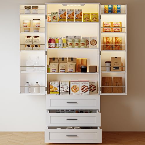 FJTJBSI 72' LED Kitchen Pantry Cabinet with 3 Drawers Farmhouse Tall Storage Cabinet Wood Food...