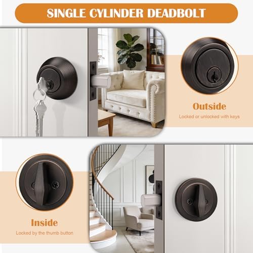 Probrico 2 Pack Keyed Alike Single Cylinder Deadbolts Oil Rubbed Bronze (Combo Packs), Deadbolt Door Locks with 3 Keys Anti-Theft Interior& Exterior Door Hardware (Entrance Lock and Front Door) - 1