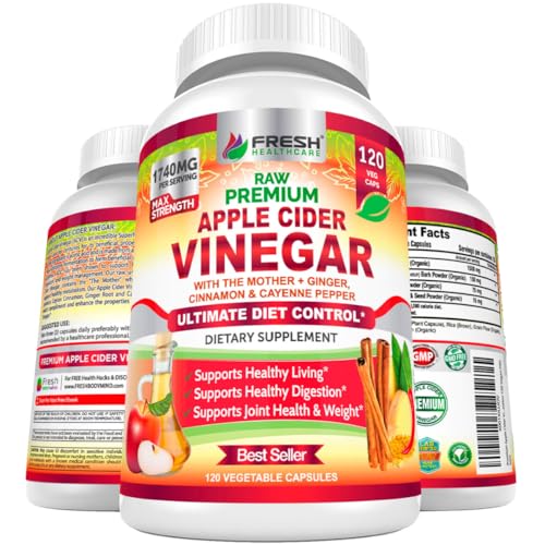 FRESH HEALTHCARE Apple Cider Vinegar Capsules with The Mother - 1740mg Non-GMO Gluten Free ACV Complex with Ceylon Cinnamon, Ginger & Cayenne for Digestion Support & Healthy Living - 120 Vegan Pills
