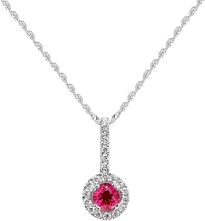 14K White Gold 1/2ct Round Genuine Rubellite Diamond Halo Pendant Necklace
