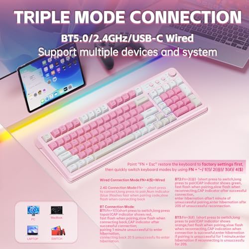 AULA 99 Key Keyboard, Wireless Gaming Keyboard Bluetooth Computer Keyboards Creamy Cute with Number Pad RGB Backlit Tri-Mode BT/2.4GHz/USB-C - Pink - 2