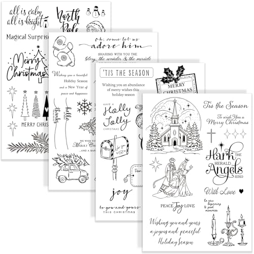 FYSUIMU 4 Sheets Merry Christmas Clear Stamps Xmas Tree Santa Greeting Words Silicone Transparent Stamps for Winter Holiday DIY Crafts Card Making Scrapbooking Album Decor
