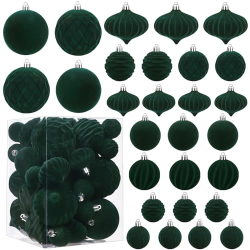 XIMISHOP 28 Pcs Velvet Christmas Balls Ornaments Green Flocked Shatterproof Christmas Hanging Balls Baubles for Xmas Tree Decor Holidays Home Decoration