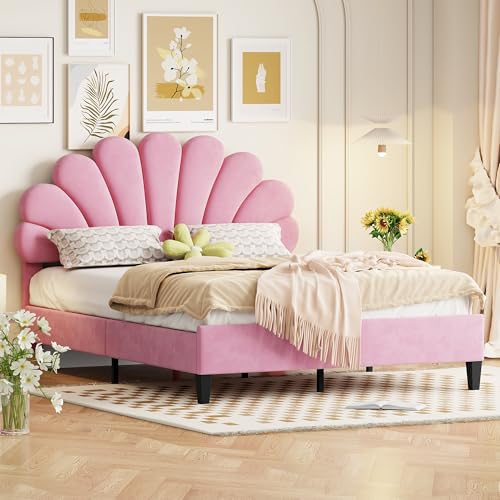BXEYXE Rosa Doppelbett mit Blumenkopfteil 140x200