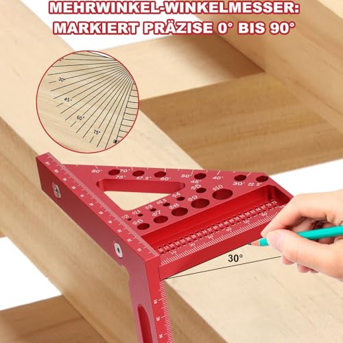 POFIBO Zimmermannswinkel Winkelmesser Anschlagwinkel - 22,5-90 Grad Aluminiumlegierung 3D-Gehrungswinkel, inkl. Tieflochmarker, für präzises Anreißen und Zeichnen, für Schreiner und Ingenieure (Rot)