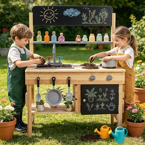 Image of HONEY JOY Mud Kitchen, Fir Wood Outdoor Play Kitchen for Toddlers, Storage Cabinet, Chalkboard, Cooking Accessories, Pretend Play Montessori Children Backyard Furniture for Garden Patio, Natural