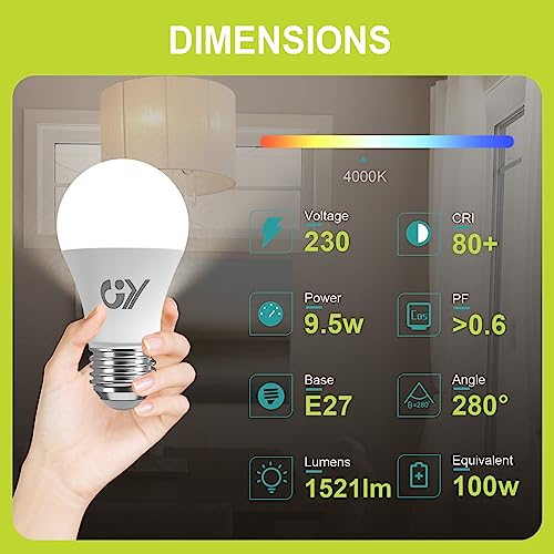 GY ?arówka E27 LED 9,5W 1521LM, Neutralna Bia?a 4000K, K?t Wi?zki 280°, Nie?ciemniane, Matowe, CRI>80, Odpowiednik 100 W, Pakiet 2 Sztuk