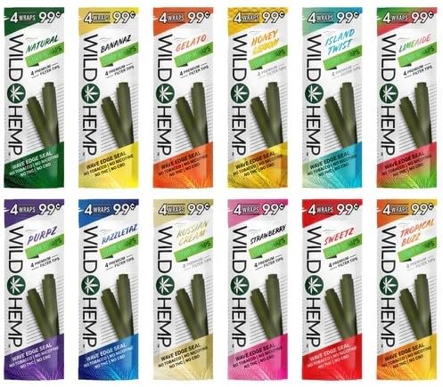 Wild Natural Wraps - Deluxe Trial Pack - 4 Wraps Per Pack – 12 Pack – 48 Wraps total - Russian Cream, Razzletaz, Gelato, Honey Lemon, Island Twist, Limeade, Natural, Purpz, Sweetz, Tropical Buzz, Bananaz, Strawberry