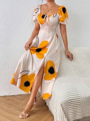 Image of GRECIILOOKS Summer Dress for Woman | Boho Square Neck Long Dress | Women's Puff Sleeve Floral Printed A Line Maxi | Elegant Tie Front Slit Outfit | Comfortable Beach, Vacation, Party & Holiday Outfit