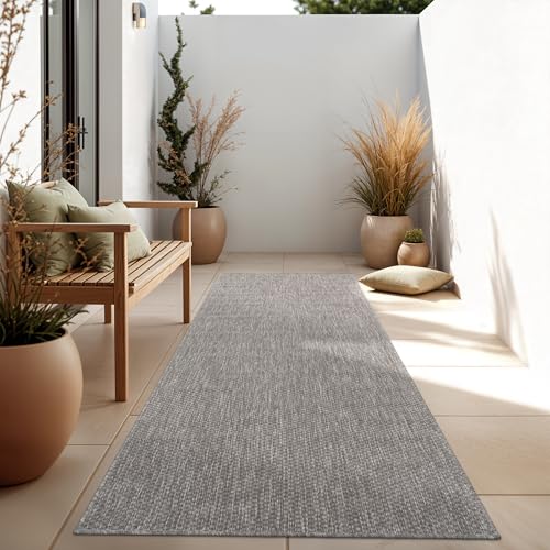 Paco Home Outdoor Rug Waterproof - Easy-Cleaning, UV- & Weather-Resistant Patio & Garden Area Rug for Porch, Kitchen & Hallway, Size:80x250 cm, Colour:Grey