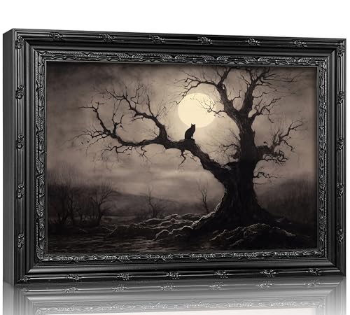 Black Framed Vintage Halloween Cat Wall Art Gothic Spooky Tree