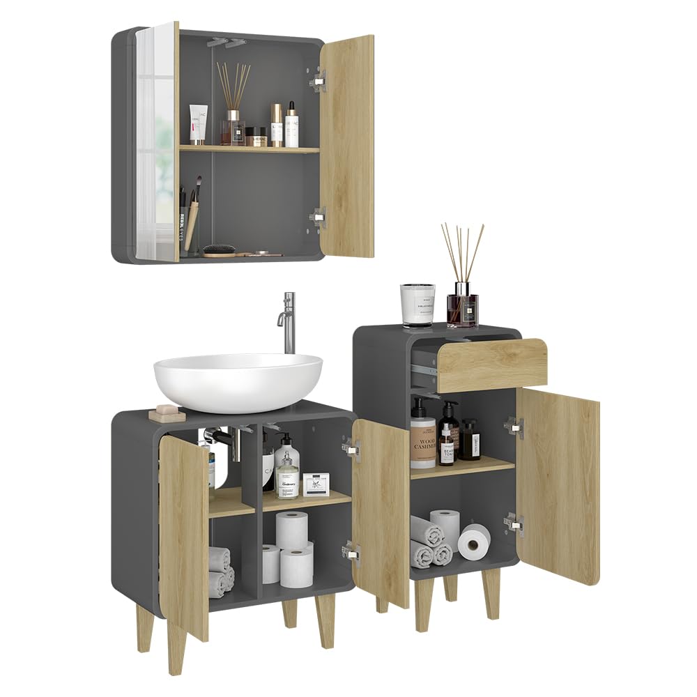 Vicco Badmöbel-Set Arla, Anthrazit/Eiche, 60 cm, besteht aus Waschbeckenunterschrank, Spiegelschrank und Midischrank