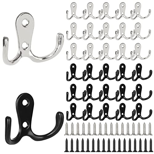 GOYADA 40 Pack Double Prong Coat Hooks Wall Mounted, Heavy Duty Coat Hooks with Screws for Wall Door, Anti-Rust Double Coat Hanger Hooks for Coat, Scarf, Bag, Towel, Cap, Cup, Hat (Black & Sliver)