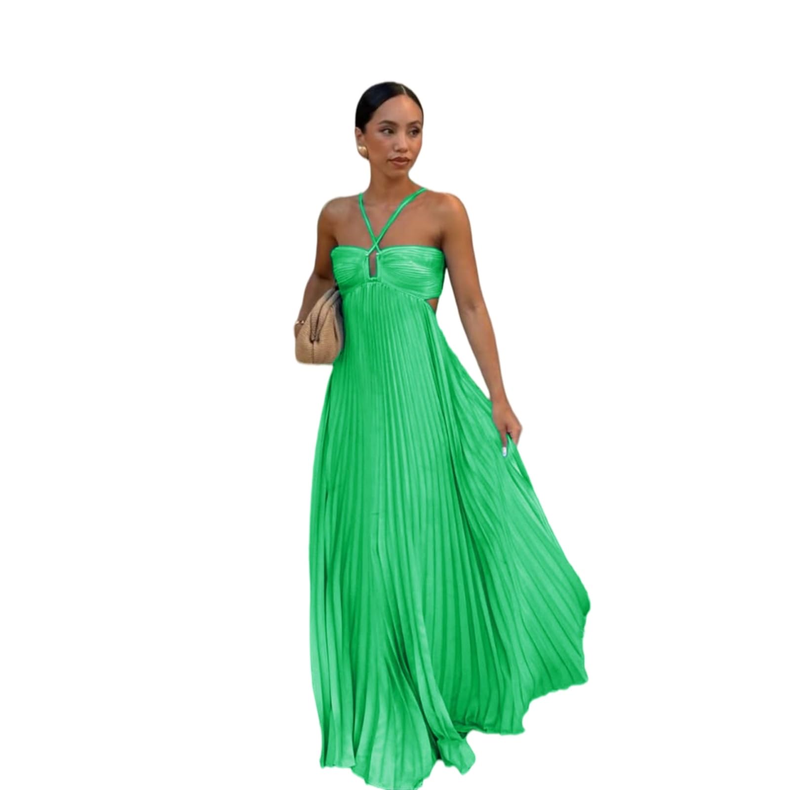 Vestito Donna Piegato Halter Maxi Abito Senza Maniche Schienale Pizzo Fino Elegante Estate Matrimonio Ospite Festa Lungo