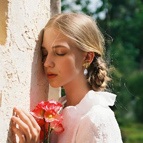 Bohemian Gold Flower Earrings for Women Mom Boho Baroque Pearl Pendant Trendy Elegant Dangle Drop Stud Stainless Steel Jewelry for Women3