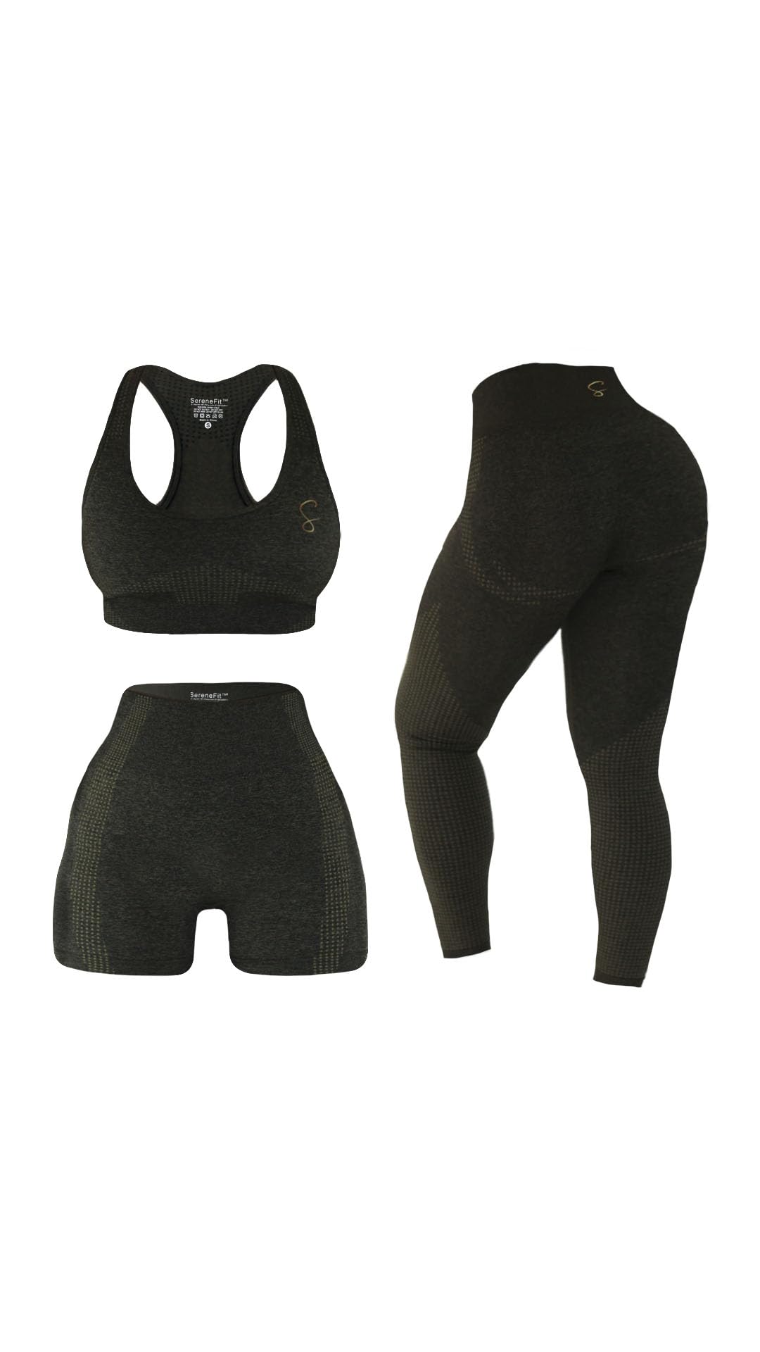 SereneFit 3 Piece Workout Sets For Women Seamless High Waisted Matching Exercise Leggings Shorts and Sports Bra Active Set