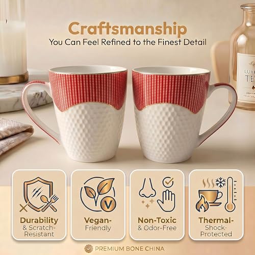Image of UPC Milk Mug Set of 2 | White Black Pinstripe Red Accent Band Printed Bone China Coffee Tea Milk Mug | Gift for Home & Kitchen