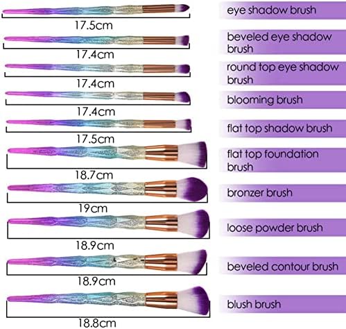 CDC® 10Pcs Unicorn Rainbow Diamond Handle Soft Synthetic Hair Makeup Brush Set Make Up Brushes Eyeshadow Blusher Powder Blending Brush Kit with Carry Bag