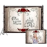 Renaiss 8x6ft Once Upon a Time Backdrop Opening Fairy Tale Books Ancient Castle Red Roses Princess Romantic Story Photography Background for Wedding Baby Shower Birthday Party Decor Photo Props