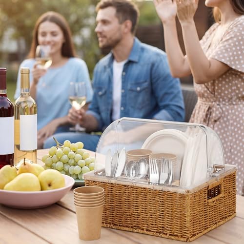 Sliner Large Wicker Silverware Organizer with Acrylic Cover 6 Compartment Utensil Holder for Kitchen Counter Outdoor Patio Plates and Napkins Holder Wicker Paper Plate Dispenser with Lid by Sliner - Image 5