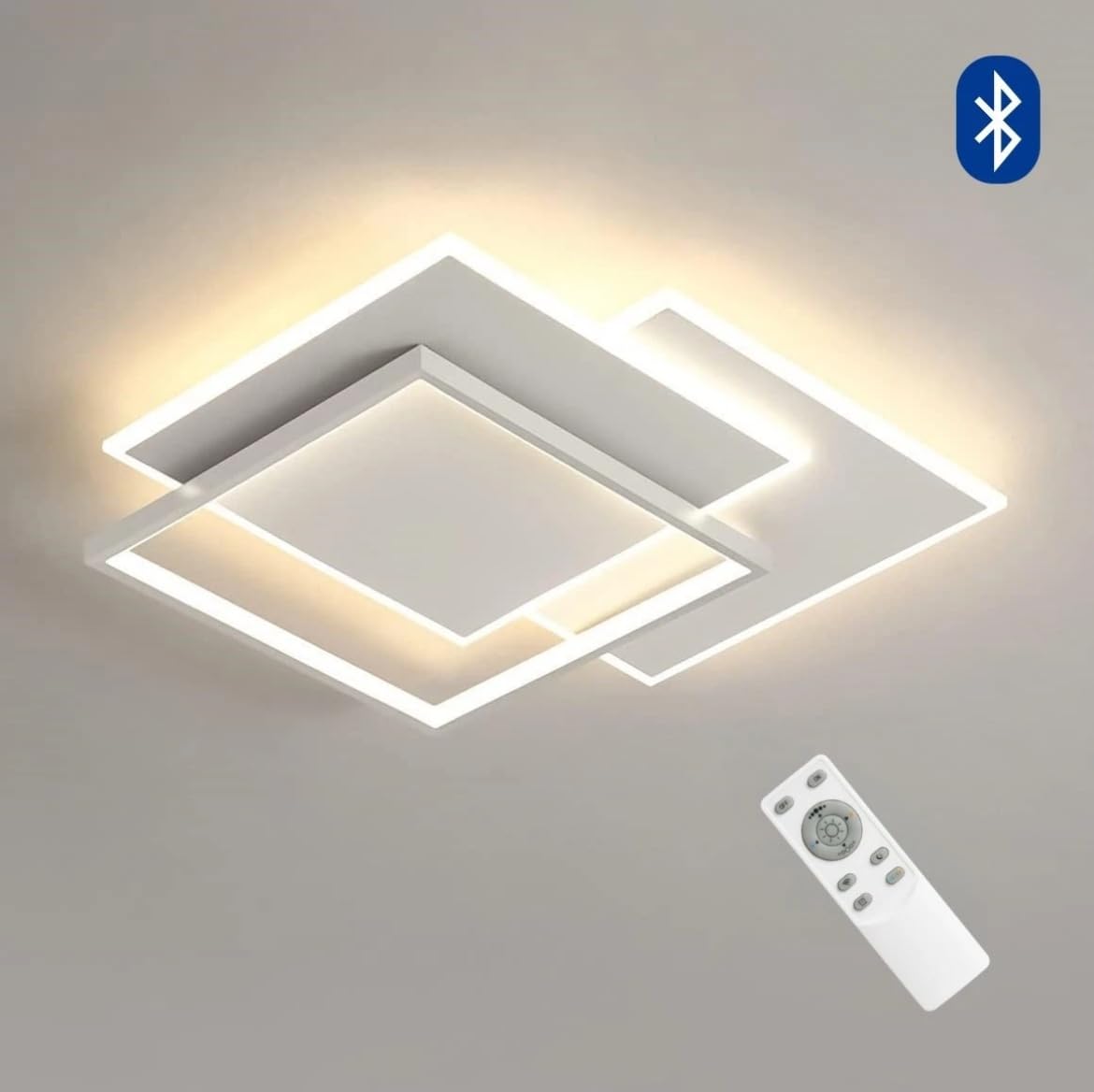 Plafoniera LED Moderna 64W con Telecomando + App Bluetooth, Dimmerabile CCT 3000K-6500K, Design a 3 Quadrati Bianchi, 5888 Lumen 47×47cm per Soggiorno Camera Ufficio, Installazione Facile e Accessori