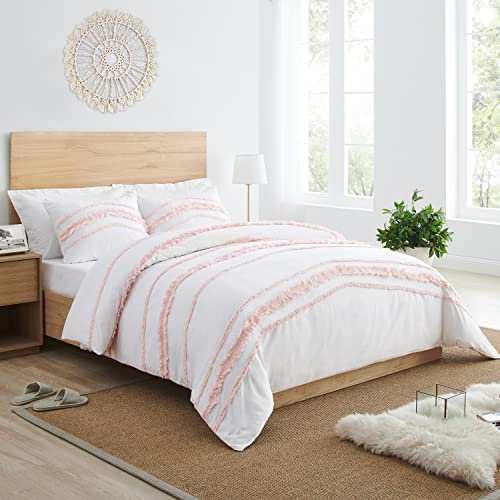 Image of Bohemian Boho Chic White and Pink Macrame Tufted Tassel 2 pc. Twin / Twin XL Size Bed Bedding Set Duvet Comforter Cover / Sham Blush Pink Textured Minimalist Cotton Fringe Farmhouse Indie Dorm Teen
