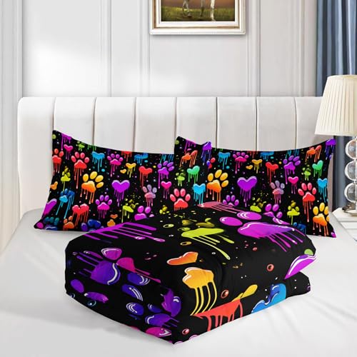 Image of AILONEN Colorful Dripping Paw Print Comforter Set Queen Size,Graffiti Theme Bedding Sets for Kids Girls Boys Bedroom Decor,3-Pieces,1 Quilt and 2 Pillowcases