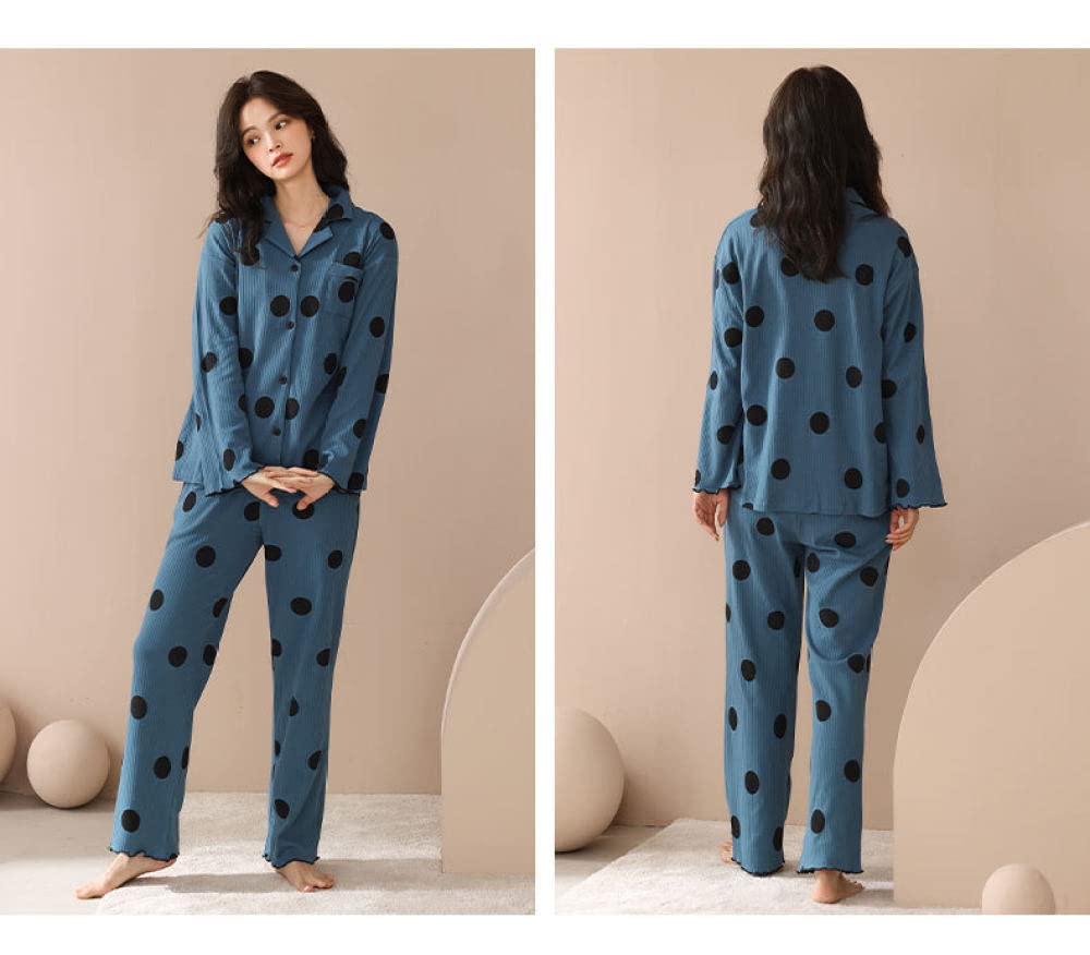 Pijamas Mujer Invierno,Conjuntos De Pijama para Mujer Estampado De Lunares De Solapa De Algodón Azul Vintage con Bolsillo Clásico Acogedor Cálido Pjs De Manga Larga Top & Amp; Conjunto De Pantalo
