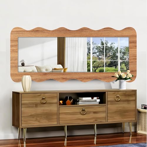 Image of Creative Arts n Frames 22 x 52 inch Full Length Dressing Chevel Long MDF Wood Zigzag Curvy Irregular Shape Framed HD Mirror Home Decor Items (Natural Iqurel Oak Light Zigzag1 Full Length Mirror)