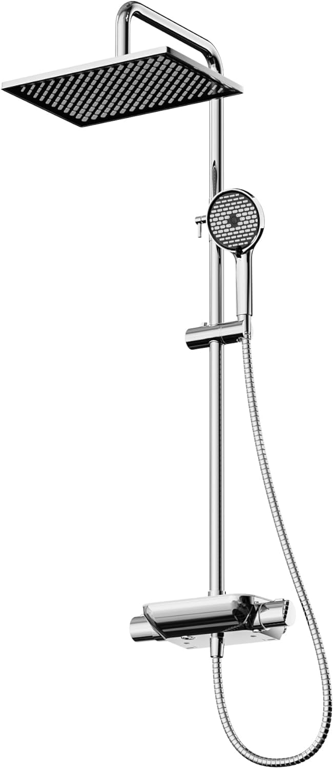 Cobbe Thermostatic Shower Mixer Set with 12" Square Rainfall Shower Head, Three-Function Water Outlet Control, 6 Modes Shower Head with 1.5m Hose and Adjustable Riser Rail for Bathroom(Chrome)