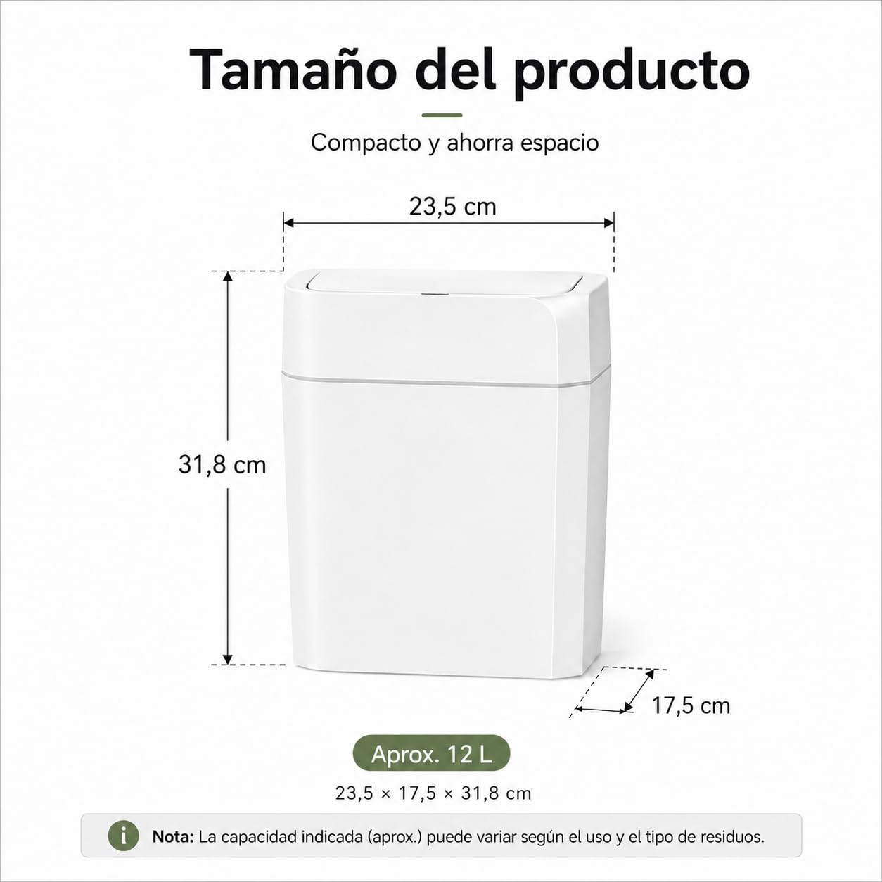Cubo de basura automático de 12 l con sensor – Cubo de basura eléctrico con tapa para cocina, baño, inodoro – Resistente al agua y a los olores, diseño exclusivo de esquinas en blanco