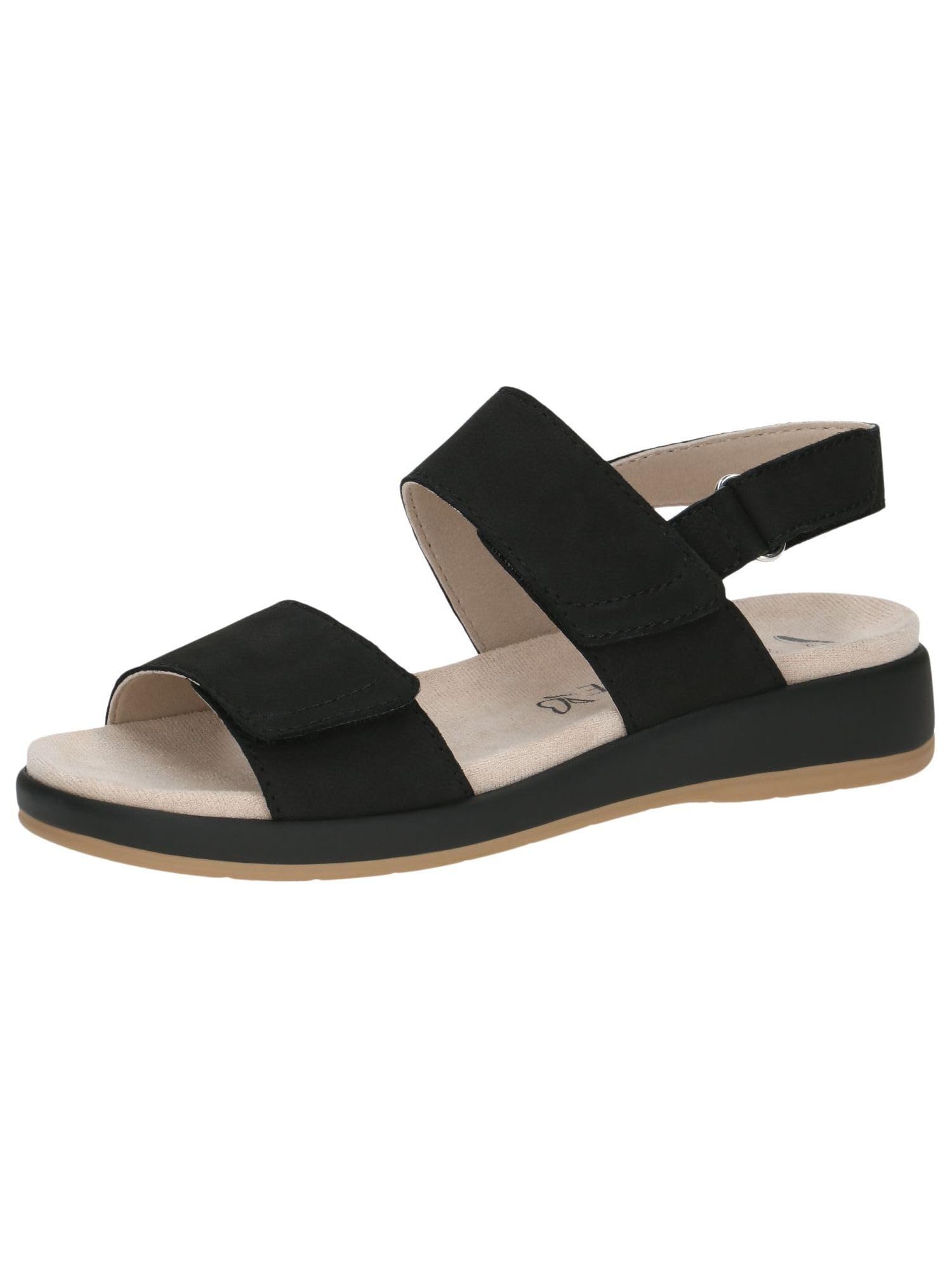 CAPRICE Women Sandals Flat Leather with Hook-and-Loop Closure, Black (Black Nubuc), 6.5 UK