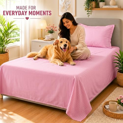 Image of Mafatlal Classic 210 TC 100% Cotton Single Bedsheet | 90 x 60 Inches | Gentle & Soft Cotton | Italian Stripes Pattern | Breathable Everyday Comfort | Light Pink