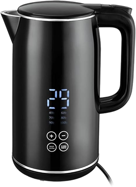 Venga! Electric Jug Kettle 1.7 L, 100% BPA-Free Stainless-Steel Interior, Double Walls, 4-Hour Keep-Warm, Digital Display, 6 Preset Temperatures, Black/Silver, 2200 W, VG JK 3003 BS