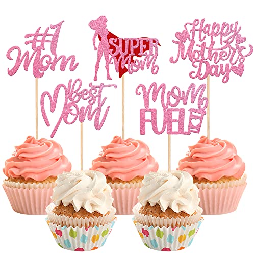 Rsstarxi 30 Pack Happy Mother's Day Cupcake Toppers Pink Glitter Love Mom Best Mom Ever Super Mom Cupcake Picks for Happy Mother's Day Women Birthday Party Cake Decortions