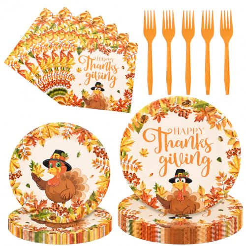 100 Pieces Thanksgiving Tableware Set – Turkey Fall Leaves Plates, Napkins and Forks, Disposable Dinnerware for Thanksgiving Dinner, Friendsgiving and Fall Party Supplies