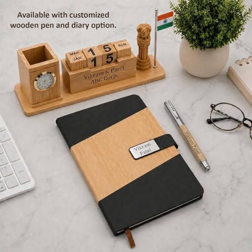 Image of Deskart Customized Multipurpose Pen Holder Stand | Premium Wooden Desk Organizer with Clock, Flip Calendar, Business Visiting Card and Mobile Holder