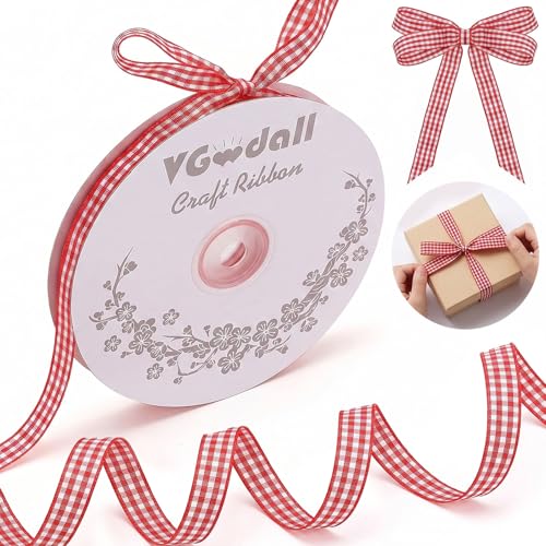 VGOODALL Red Gingham Ribbon 3/8 x 50Yd Red and White Thin Crafts Ribbon Buffalo Checker Ribbons for Hair Accessories Picnic School and Birthday Gift Wrapping