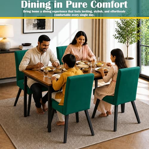Image of Rosebell Set of 4 Dining Table Chairs with Wooden Top Table, Upholstered Cushioned Chairs, Modern Compact Dining Set for Home, Kitchen & Dining Room (Green)