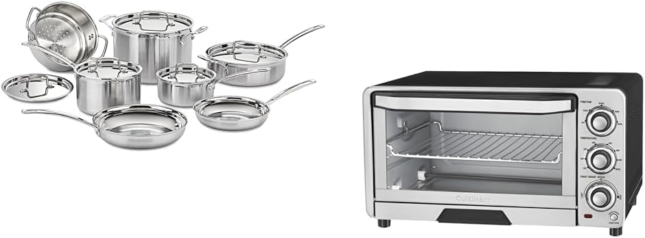 Cuisinart 12 Piece Cookware Set, MultiClad Pro Triple Ply, Silver, MCP-12N & TOB-40N Custom Classic Toaster Oven Broiler, 17 Inch, Black