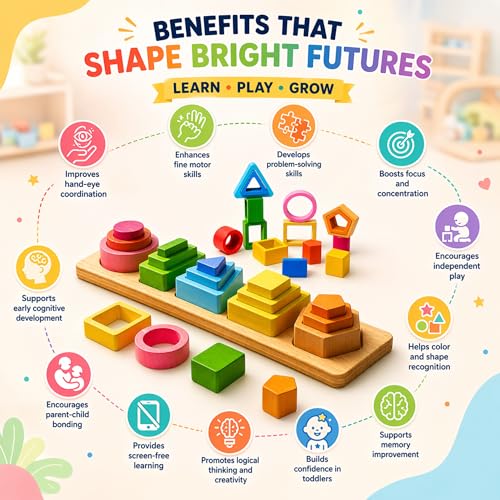 Image of 5 in 1 Wooden Shape Sorter Toys for Kids - Sorting & Stacking Peg Board, Montessori Learning Set Helps Improve Fine Motor Skills & Early Education | Toddlers Age 1-3 Years | Multicolor