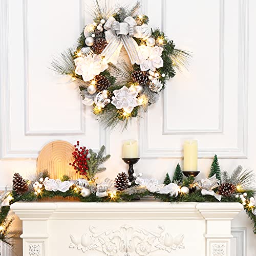 GarveeHome Christmas Wreath with Lights, 24 Inch Pre-lit Silver White Xmas Wreath with 20 Battery Operated LED Lights Artificial Magnolia Flower & Bow for Front Door Window Indoor Outdoor Decorations