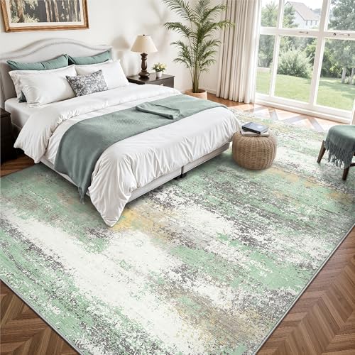 Image of 8x10 Area Rugs, Abstract Modern Ultra Soft Washable Rug, Non Slip Carpet with Rubber Back Stain Resistance Rugs for Living Room, Bedroom, Dining Room Decor(Light Green /Cream)
