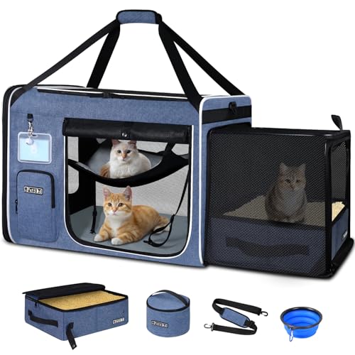 Petskd Side Expandable Extra Large Cat Carrier with Litter Box Area for Long Distance Car...
